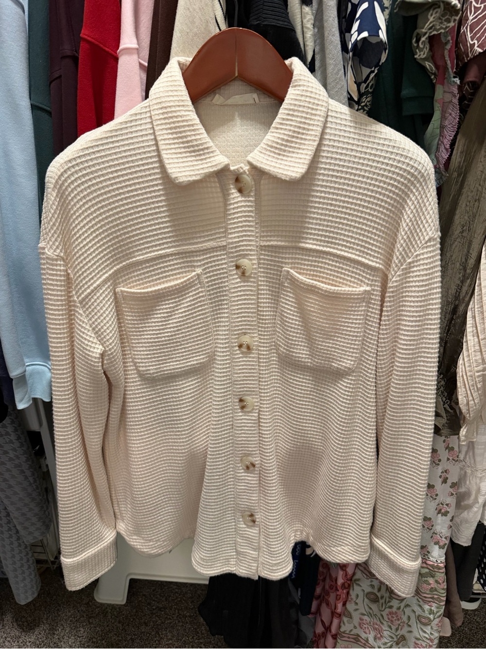 Doe & Rae Cream Waffle-Knit Button-Up Shirt Jacket. Size small. New without tags